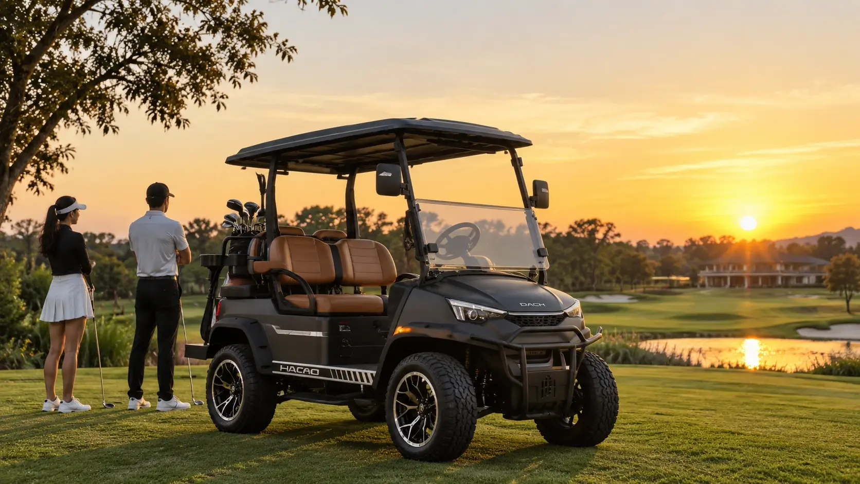 Two golfers beside a dark DACH golf cart at sunset