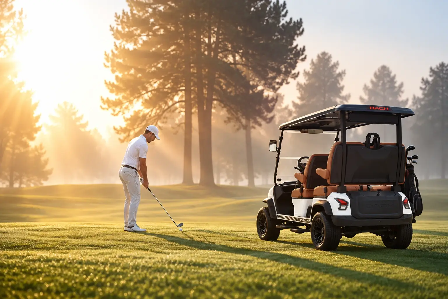 Golfer and white DACH golf cart in the morning light
