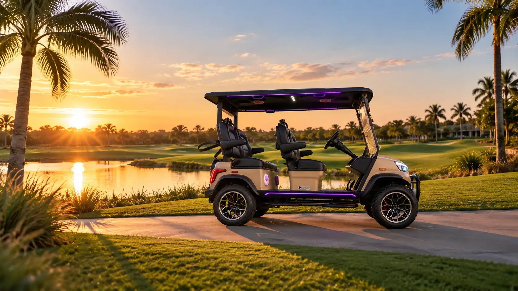 Champagne DACH golf cart on a palm-lined golf course