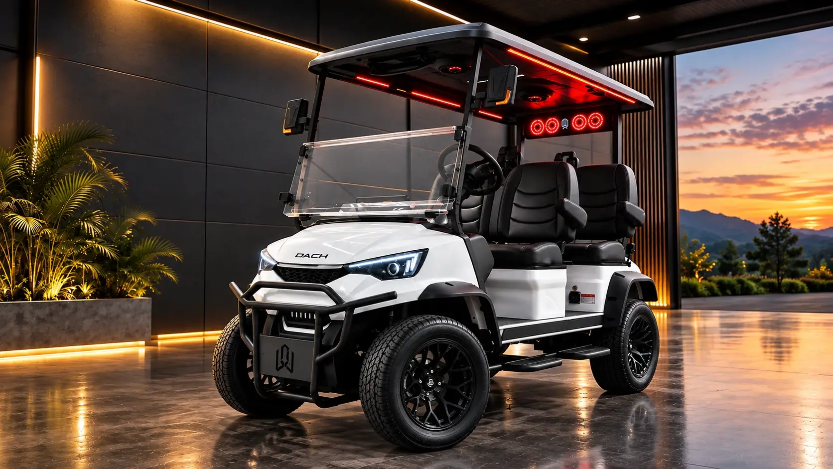 White DACH golf cart with black seats in a warmly lit showroom